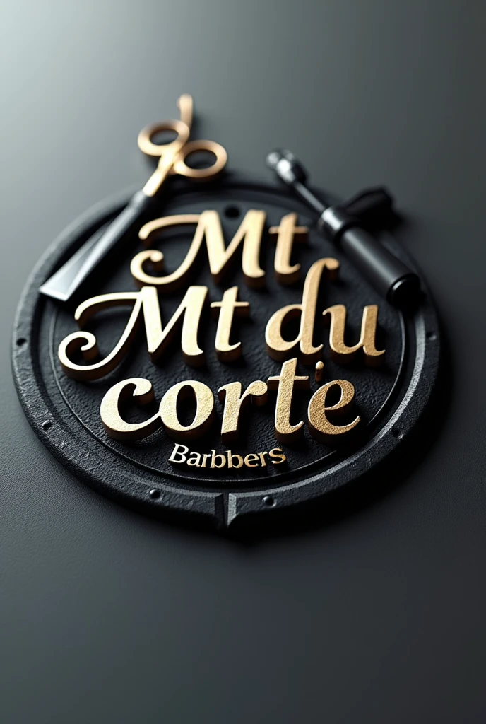 Create a detailed 3D logo using black and grey as a base for the barber shop &#39;Mt du corte&#39; with a fine typography, with barber shop elements such as scissors, razor, machine and etc.