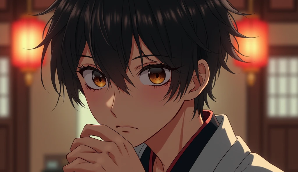 (best quality, masterpiece, ultra detailed, ultra high res, photorealistic, raw photo, absurdres, absolutely resolution) , Zooming in and fixed shot, a teenage Japanese male idol in a kimono is lost in thought, A teenage Japanese male idol is lost in thought with a serious expressionon