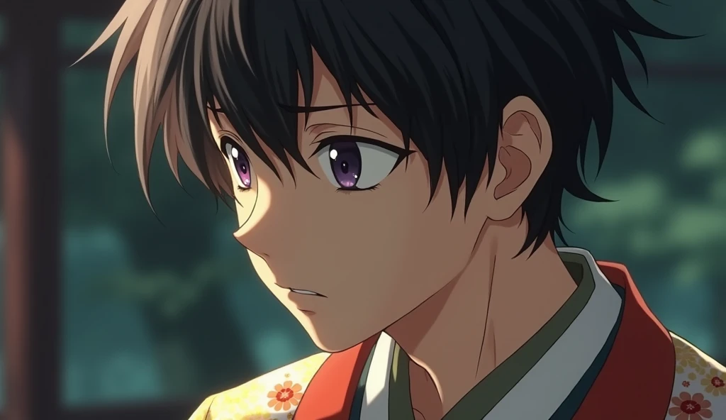 (best quality, masterpiece, ultra detailed, ultra high res, photorealistic, raw photo, absurdres, absolutely resolution) , Zooming in and fixed shot, a age Japanese male idol in a kimono is lost in thought, A teenJapanese male idol is lost in thought with a serious expressionon