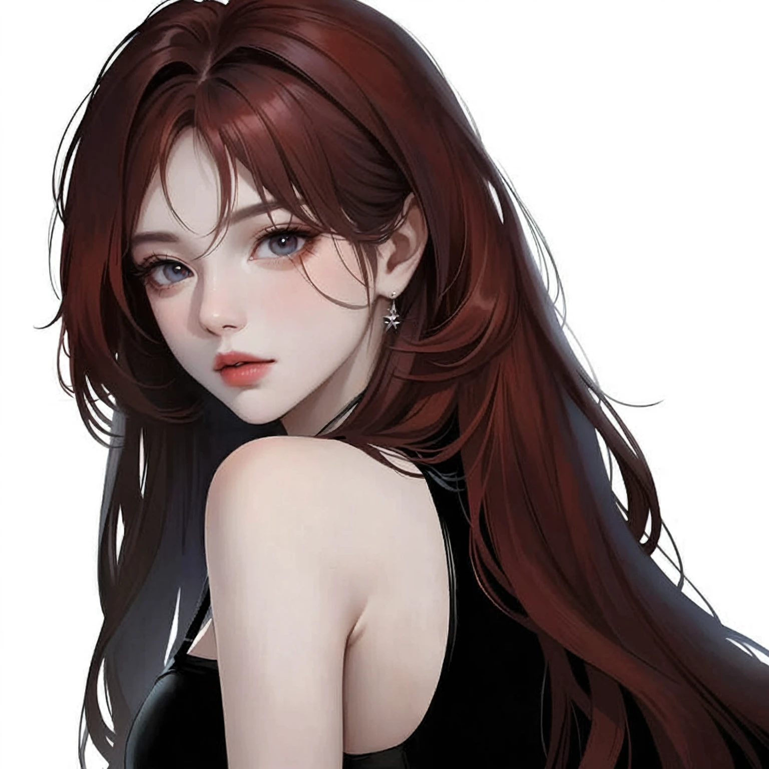anime girl with long dark red hair, anime girl with long hair, realistic young anime girl, detailed portrait of anime girl, by Yang J, digital anime illustration, ig model | artgerm, beautiful anime portrait, beautiful anime girl, realistic anime artstyle, artwork in the style of guweiz, made with anime painter studio, beautiful anime woman, black dress