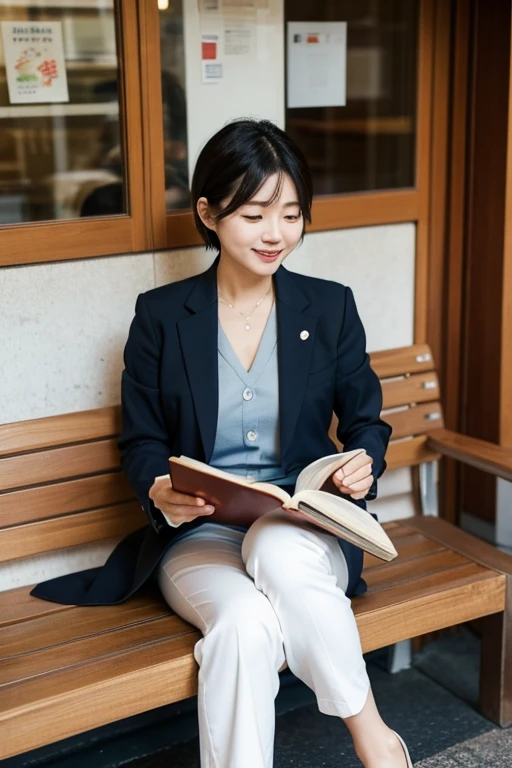A 40-year-old Japanese woman is reading a book early in the morning in a cafe near an office district.。She is wearing a pantsuit。short hair。Smiling and looking towards the book。