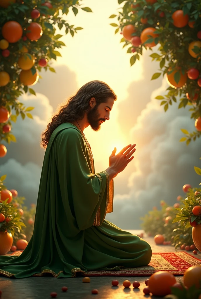 (photorealism:1.2), handsome Jesus Christ, praying kneel under the trees that full of clouds and sorrounded of many fruits, wearing green king clothes with light in his head and heart spreading all over, perfect five finger, long curly hair, indoors, soft lighting, clouds in background, beautiful sunlight, perfect paradise and clouds, relaxed pose, realistic, intricate details, warm colors, 