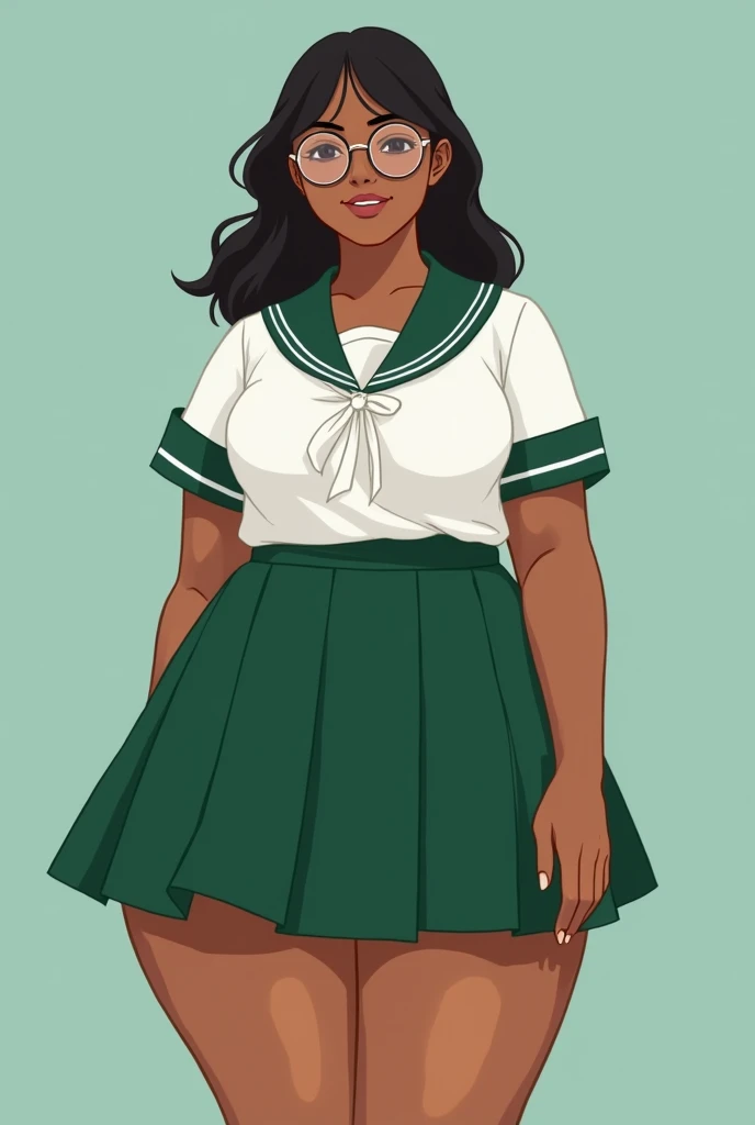 tan skin, dark skin, korean, short, curvy body, large squishy thighs, round glasses, skirt, short skirt, white and green school uniform, low camera angle