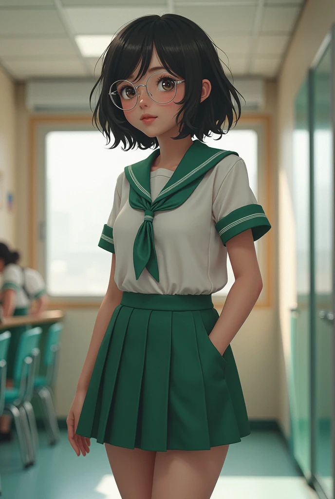 tan skin, dark skin, korean, short, curvy body, large squishy thighs, round glasses, skirt, short skirt, white and green school uniform, low camera angle