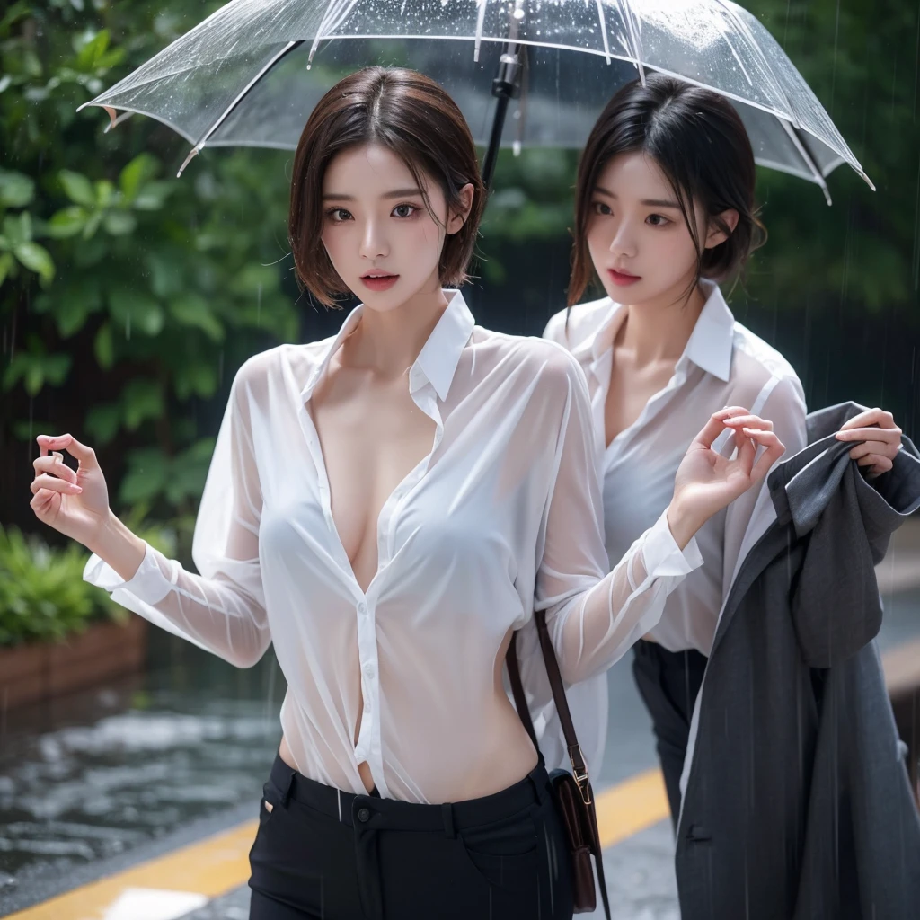 exy pose、Hair getting wet in the rain、Mr.々Hair style、Short Hair、Transparent shirt、Beautiful woman getting wet in the rain、typhoon、Get wet without an umbrella、Beautiful woman in the rain、雨で濡れたBeautyOL、Detailed face、Realistic、beautiful girl、Beauty、Office Lady Uniform、beauty、Beautiful woman、Narrow waist、Handsome woman、Tight pants look、suit、Sexy pose、タイトなsuitパンツ、雨で濡れたsuit、Wet naked shirt、See-through shirt、Shot in heavy rain、Naked shirt、Colorful underwear