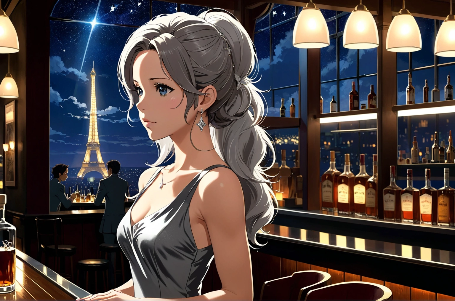 Uses Makoto Shinkai's depiction perfectly,Portrait of Kate Beckinsale,8k 4k masterpiece photo ,Taipei,A jazz bar with a glass ceiling,The twinkling stars can be seen through the glass windows.,It's a dark night outside,Jazz is playing,Beautiful in profile,Gentle eyes,Semi-long hair,Silver Hair,Standing alone at the counter,A small glass of whiskey in front of me1There are、tight fitting tank top dress,The bust is large