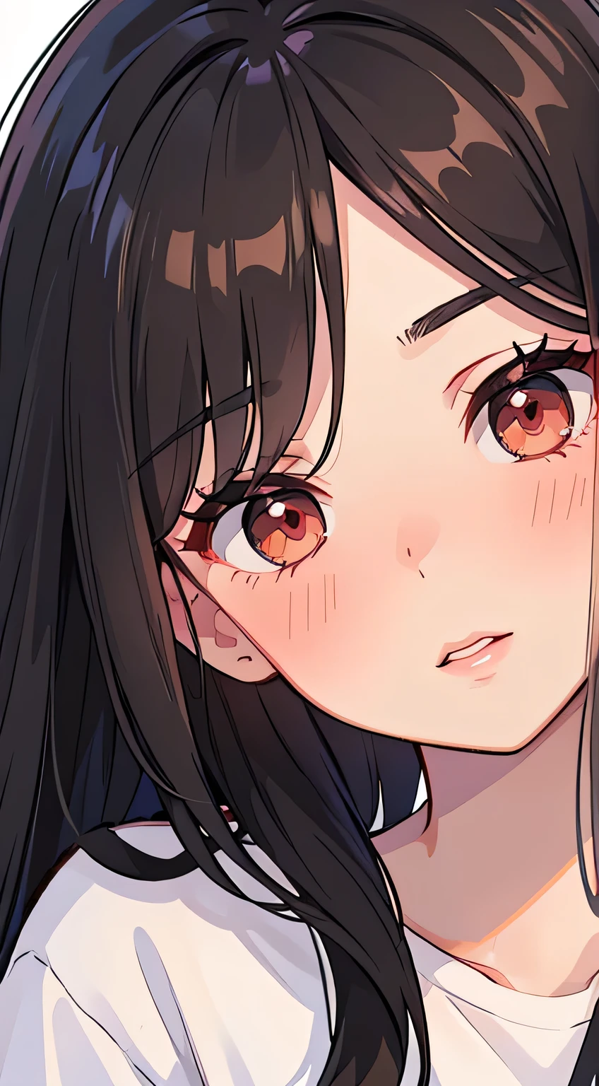 Amazing portrait of a woman who is 30 years old and an adult and a sexy and cute woman with black brown long straight hair and weak eyes blushing intensely with her lips parted and ready to kiss wearing a long oversized white shirt during night time with soft lighting showcasing her red lips and her beautiful face in detail and close up 