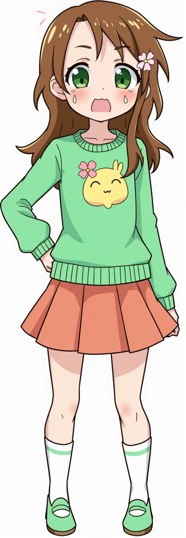 , hair_flower, flower, hair_ornament, green_eyes, long_hair, blush, brown_hair, riko_saikawa_kobayashisanchinomaidragon,

Open legs, angry, blushing and tears running down her cheeks, embarrassed 