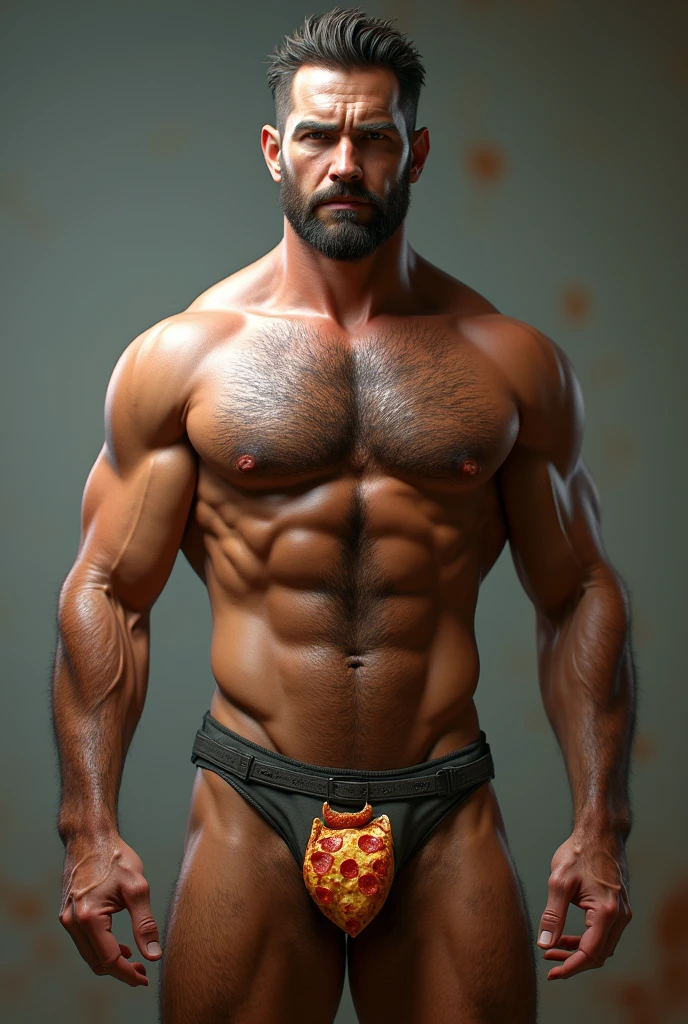 MasterChief jhon spartan, naked full body, big dick , hairy chest, pizza