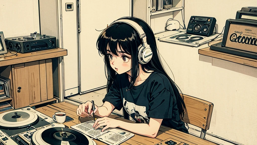 1 girl, Blue long hair,80s anime style, I have headphones on, coffee, Retro, Lo-Fi,A stylish room filled with records, Wearing a short-sleeved T-shirt、