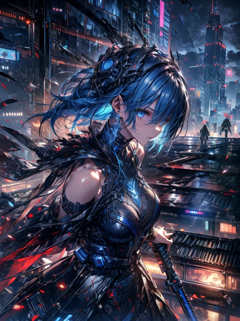 absurdes, RAW Photos, Very delicate and beautiful, masterpiece, Highest quality, Ultra-high resolution, 32K, surreal, Very detailed, cyberpunk world、20-year-old, Delicate facial features,, Earrings, Medium chest, Full Body Shot, Shorten the middle part of the hair, Beautiful Blue Hair, , short Hairstyles、Cyber Tech Suit with realistic texture、The fabric is thin,City background.(night、Rooftop of a burning building:1.5)
Hair in front of eyes, Blue Hair/Light blue hair, Hair that falls over the shoulders, (Carrying a weapon、have a weapons:1.2)