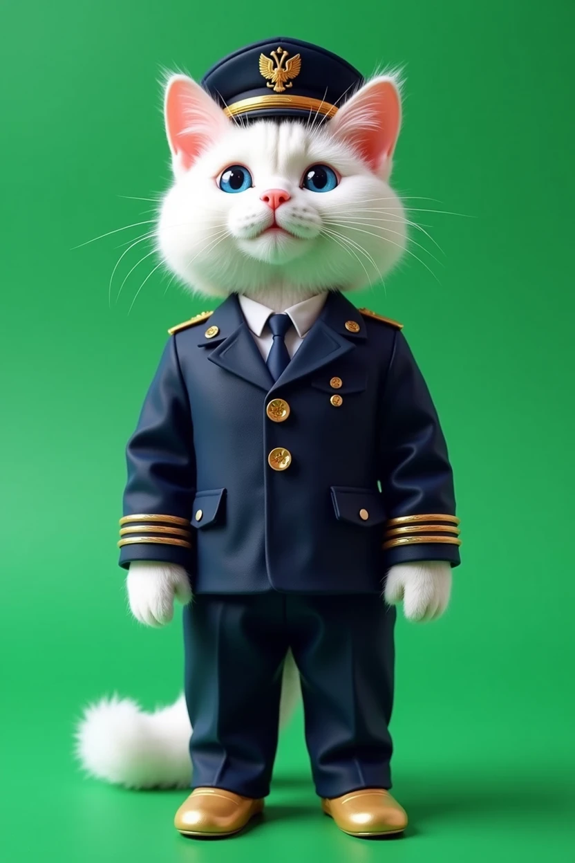 8 K (masterpiece), ((top quality)), (super detailed), White fluffy cat, like an ermine, with blue doll eyes,black eyelashes, Mouth open in a smile, standing on its hind legs, dressed in a pilot's uniform,in a dark blue suit buttoned with four gold buttons in two rows, The jacket's square lapels extend into a stand-up collar, there are slit pockets on the sides, one-seam sleeves in exact, on the bottom there is a gold gallon in four rows near the wrist with four buttons, classic straight cut trousers with creases, the length reaches, front zip fastening, pilot's cap worn on the head, The top of the cap is made of blue fabric. Two rows of gold twisted cord run over the visor, blue trim, rigid frame, woven gold cord, The headwear is complemented by a brim and a cockade with the symbols of Russian aviation, Gold Shoes, on a pure green background, chroma key,