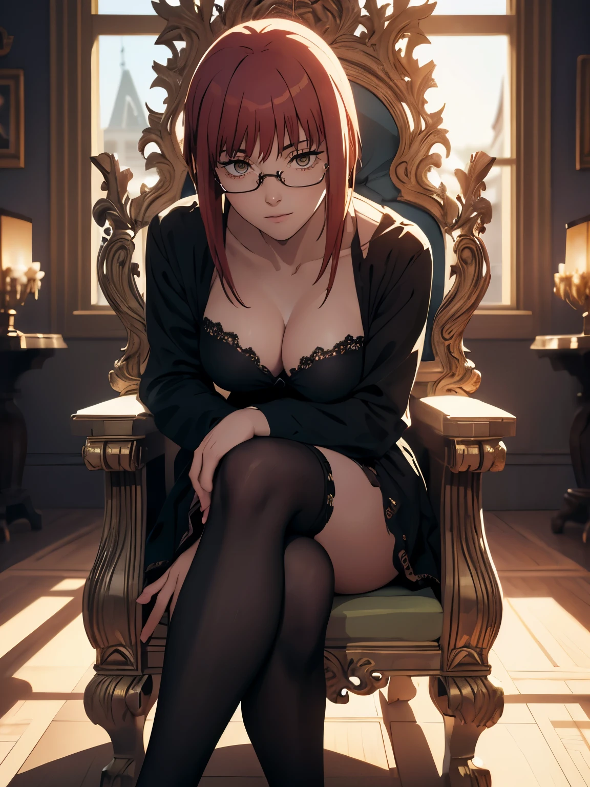 (masterpiece, best quality:1.0), highly detailed, full body view, looking down at viewer, intricate detail, 1woman , sexy woman, makima (chainsaw man), sunglasses, eyewear on head, crossed legs, thighhighs, garter straps, fishnet thighhighs, dress, fishnets, hair down, breasts, black dress, framed breasts, long sleeves, sitting, head rest, crossed legs, throne, gorgeous, gorgeous chair. low-angle effect, leaning forward, looking down at viewer, very detailed, detailed body, detailed face, detailed hands, detailed feet, anime art, extremely detailed CG unity 8k wallpaper, detailed light, cinematic lighting, chromatic aberration, glittering, epic composition, dark in the background, character cesing, very detailed, vibrants, sharp-focus, a detailed eye, super fine illustration, better shadow, finely detail, Beautiful detailed glow, beautiful detailed, extremely detailed, epic composition, presented at artstation, Octane Render, artstation hd, Cinematic, 4 thousand., hypermaximalist, (((sitting on a throne inside a castle)))