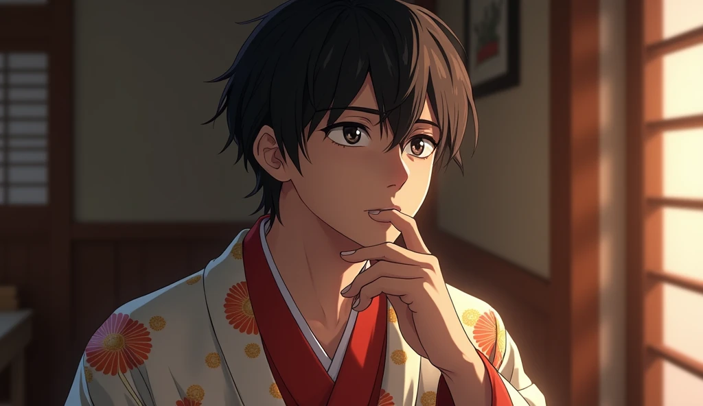 (best quality, masterpiece, ultra detailed, ultra high res, photorealistic, raw photo, absurdres, absolutely resolution) , Zooming in and fixed shot, a age Japanese male idol in a kimono is lost in thought, A teenJapanese male idol is lost in thought with a serious expressionon