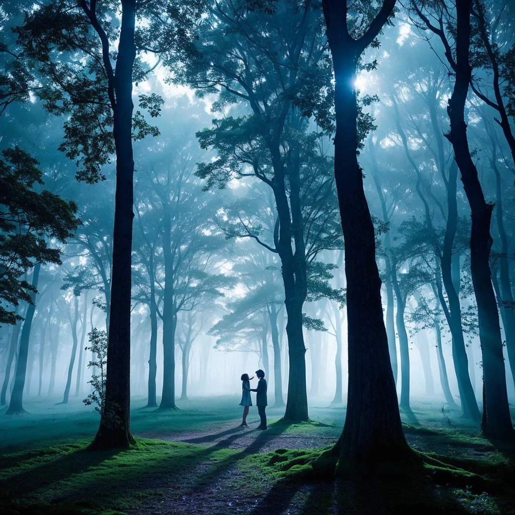 In the misty moonlight,Ancient trees surrounded by mist,Exudes an otherworldly glow, Fireflies flying in the sky. With dreamy colors and soft focus, Capture the magic of the moment with Tim Walker's magical style.
