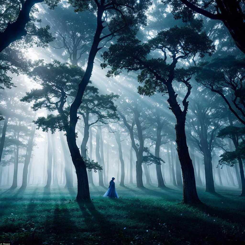 In the misty moonlight,Ancient trees surrounded by mist,Exudes an otherworldly glow, Fireflies flying in the sky. With dreamy colors and soft focus, Capture the magic of the moment with Tim Walker's magical style.