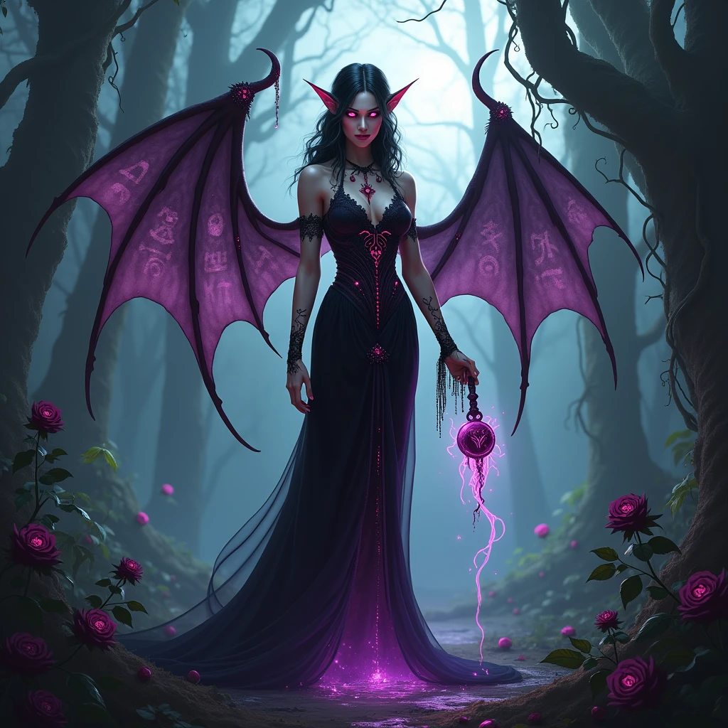 In the depths of a shadowy, ancient jungle, bathed in the eerie silver light of the moon, stands a mesmerizing elven woman with an otherworldly allure. Her tall, slender frame is adorned with pointed ears, and her long, raven-black hair cascades over her bare shoulders, accentuating the sharp, angular features of her face. Her eyes glow with an ominous, red light, revealing her dark intentions. She wears a tight, black velvet gown that clings to her lithe body, adorned with intricate lace and ancient runes. Along her arms and back, glowing, crimson tattoos in the shape of elven symbols pulse with demonic energy, illuminating her pale, porcelain skin, Her lips, stained a deep shade of crimson, curl into a wicked smile as she cradles an obsidian artifact, exuding a seductive, violet aura. Dark, bat-like wings unfurl from her back, casting long shadows on the ground. Encircling her are arcane symbols, drawn with blood, which glow in sync with her tattoos. Tendrils of dark energy weave through the air, summoning shadowy, demonic spirits that bow to her will. The twisting vines and black roses at her feet seem to wilt in her presence, as the haunting whispers of the jungle blend with the guttural chants of otherworldly entities, amplifying the dark, gothic, and demonic essence of her ritual