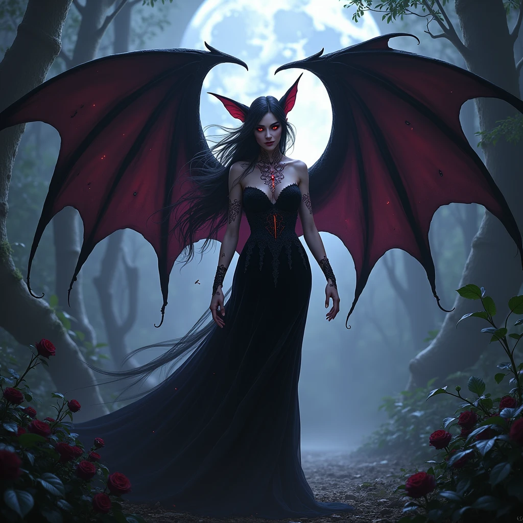 In the depths of a shadowy, ancient jungle, bathed in the eerie silver light of the moon, stands a mesmerizing elven woman with an otherworldly allure. Her tall, slender frame is adorned with pointed ears, and her long, raven-black hair cascades over her bare shoulders, accentuating the sharp, angular features of her face. Her eyes glow with an ominous, red light, revealing her dark intentions. She wears a tight, black velvet gown that clings to her lithe body, adorned with intricate lace and ancient runes. Along her arms and back, glowing, crimson tattoos in the shape of elven symbols pulse with demonic energy, illuminating her pale, porcelain skin, Her lips, stained a deep shade of crimson, curl into a wicked smile as she cradles an obsidian artifact, exuding a seductive, violet aura. Dark, bat-like wings unfurl from her back, casting long shadows on the ground. Encircling her are arcane symbols, drawn with blood, which glow in sync with her tattoos. Tendrils of dark energy weave through the air, summoning shadowy, demonic spirits that bow to her will. The twisting vines and black roses at her feet seem to wilt in her presence, as the haunting whispers of the jungle blend with the guttural chants of otherworldly entities, amplifying the dark, gothic, and demonic essence of her ritual