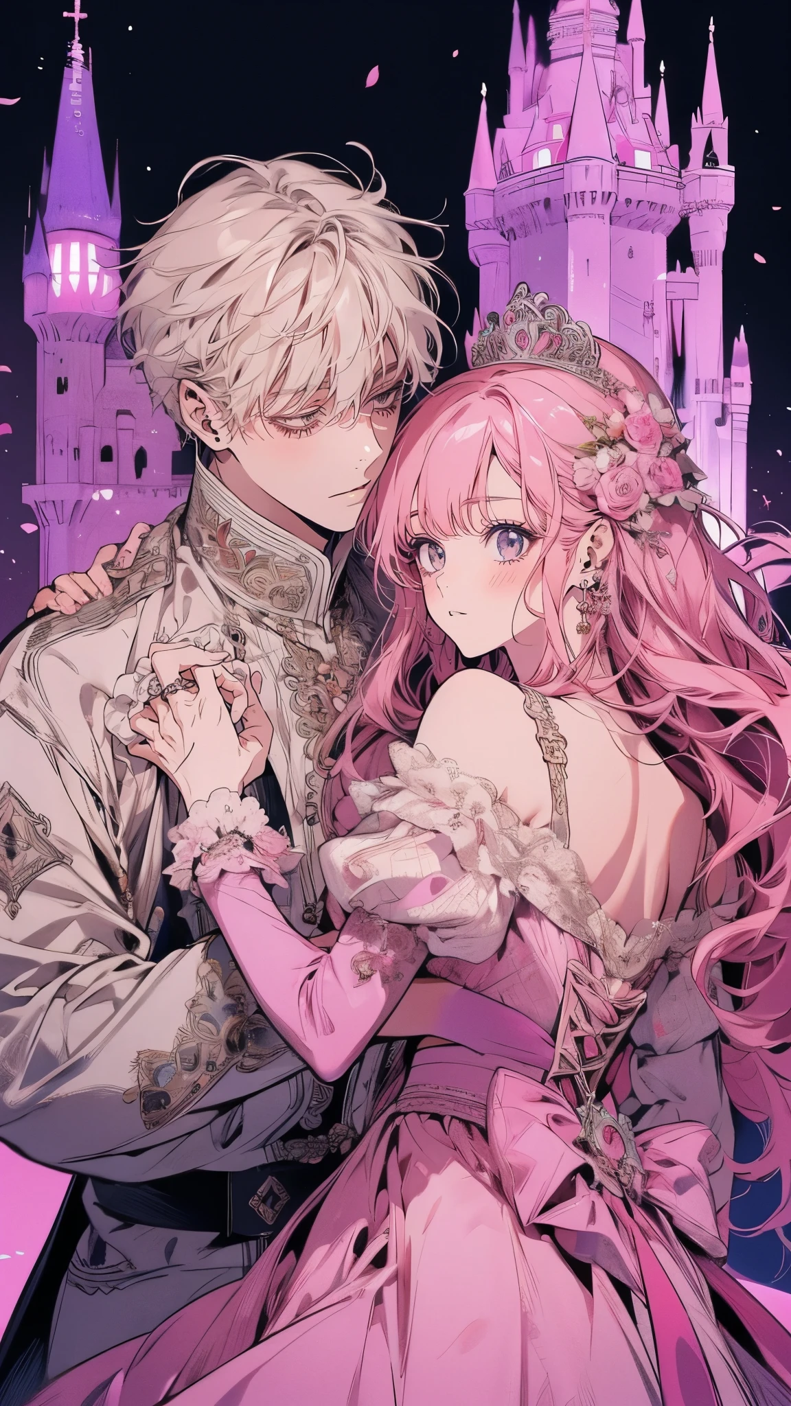 Princess、Prince、Pink long dress、Dance、Castle、smile