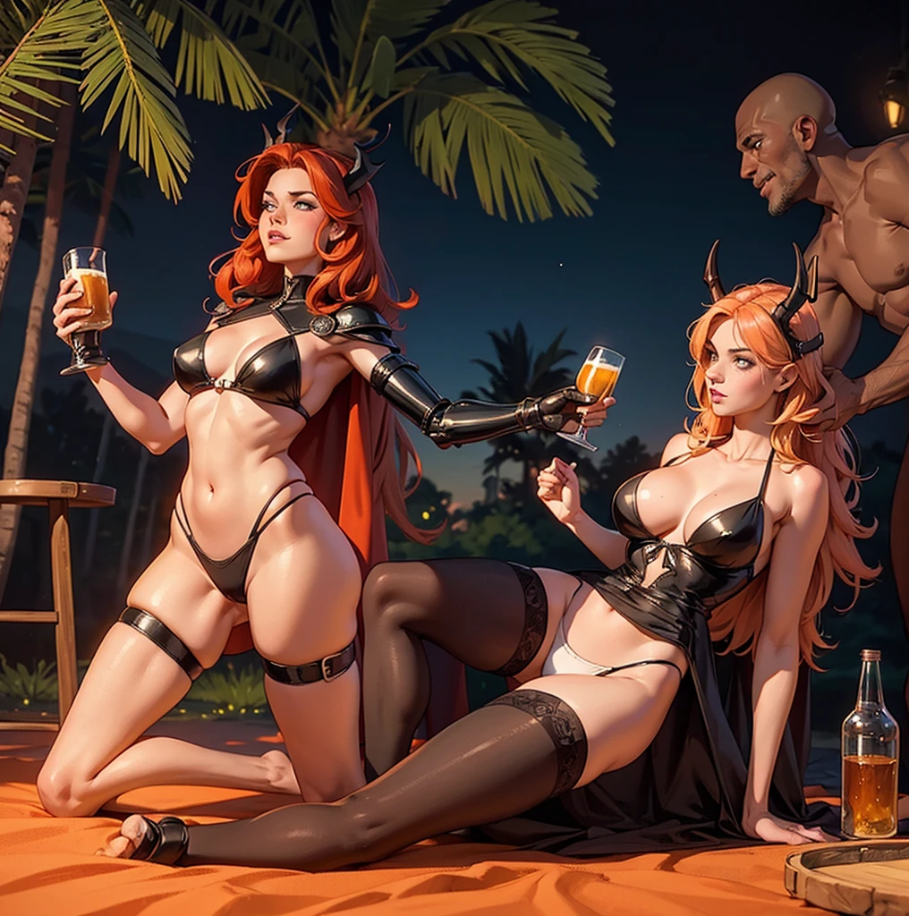 three woman standing next to each other in a field of trees and red bushes at sunset, next to a palm tree with a glass of beer in it, two women touching each other and two men in the background looking down and behind them, a woman standing on her stomach with bloody blood coming out the bottom, a sexy skeleton zombie in the dark holding glowing balls in his hand with three different spell behind her is speech bubble, a woman in a bikini on the floor with no clothes on, two women with black and white art in the background one woman has her hand up, bathing suit standing at, a female character dressed in a robot suit with no panties, a girl is shown wearing a cape and stockings with horns on her head and wearing lewd underwear