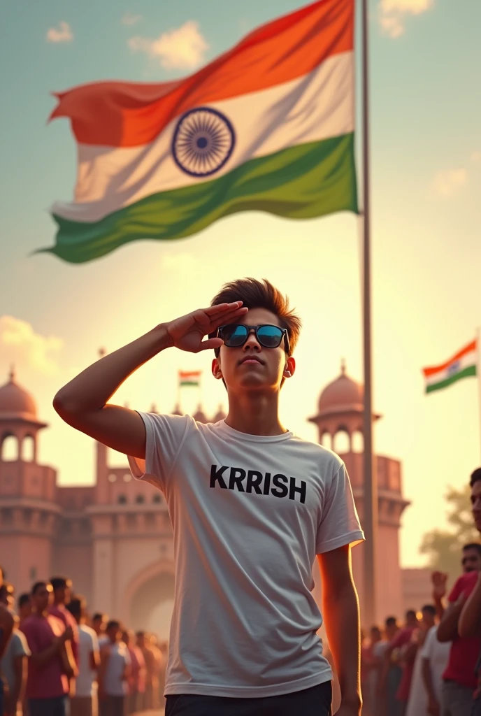 Create a Realistic picture of an 18-year old boy wearing a white t shirt and blue jeans.he is saluting a big flying Indian flag, with the red fort in the background. The name "KRRISH" on is written"t shirt in bold letters, sunglasses. The overall image should have a divine background, reminiscent of republic day, with people celebrating