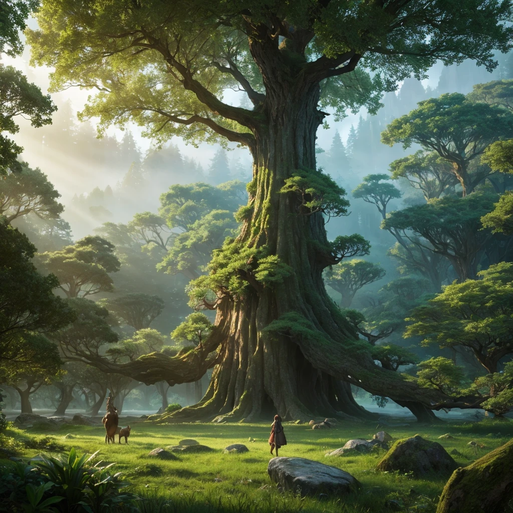 Giant Tree々Mystical forest with magical creatures hiding among the branches, 8k, high quality