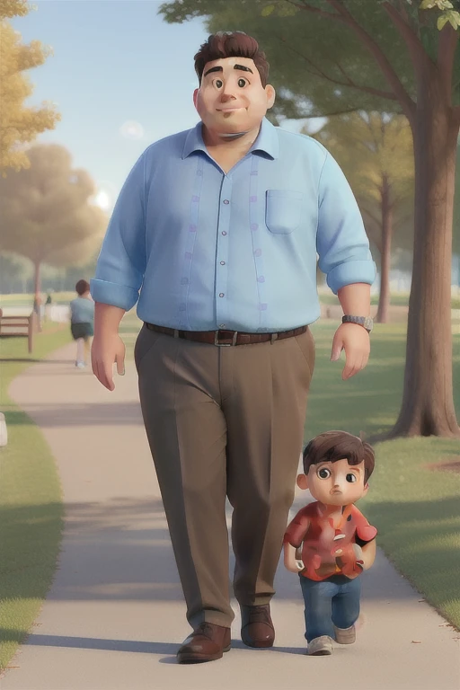 A fat man with dark brown hair wearing a light blue long sleeve buttoned shirt walking in the park with his little son in a red shirt, sunny day