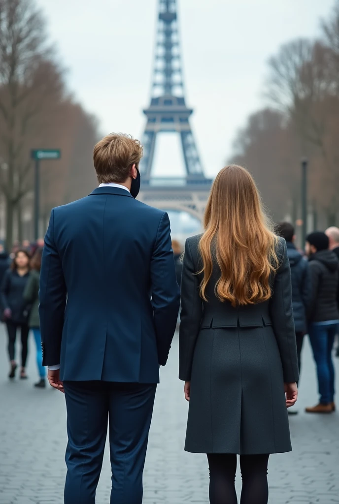 Front view, Full-body, couple is standing pose , on street , in Paris, looking Eiffel Tower, everyone nothing people, 2021 years ,(1 male and 1 female is exist), (1 male Englishman, 1 boy is 50 age old), ( blond hair, long hair, handsome face mask, panic ), English gentleman ( blue suit style, suit , vest, pants, (brown shoes)), 1man and 1 woman is couple, looking back, demo , many people striking, black smog, riot UHD, masterpiece, retina, anatomically correct, accurate, textured skin, super detail, high quality, high details,