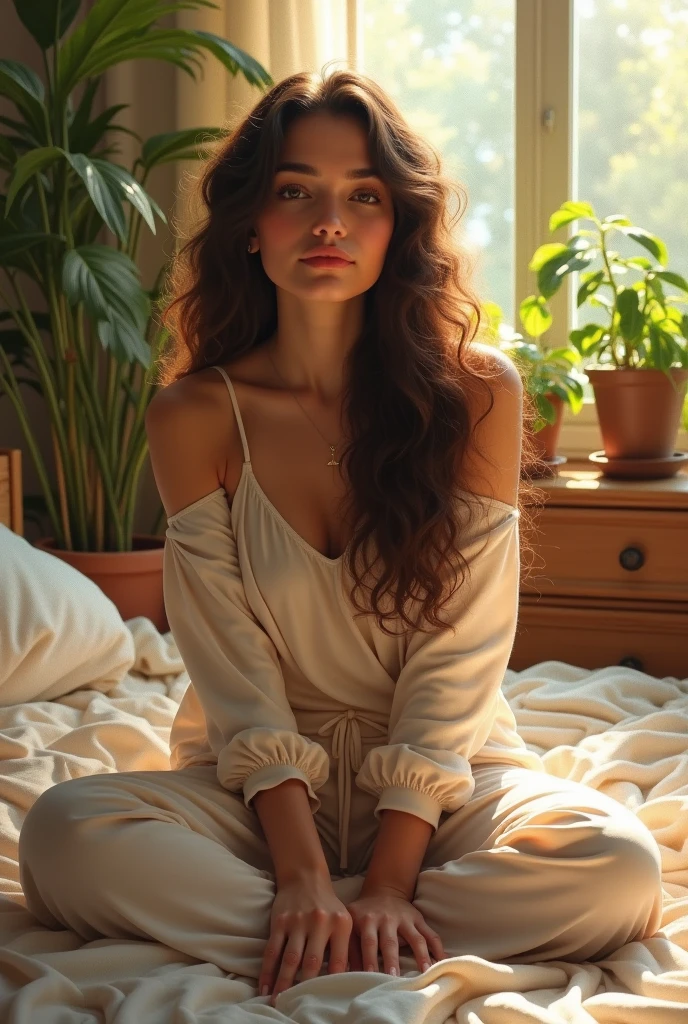 (photorealism:1.2), beautiful woman, sitting on bed, wearing loose off-shoulder top, pajama pants, long curly hair, indoors, soft lighting, plants in background, window with sunlight, cozy room, relaxed pose, realistic, intricate details, warm colors, by Greg Rutkowski, by Alphonse Mucha