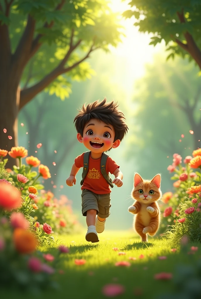 A  young boy with blue eyes in blue t-shirts find a cute little green cat in the garden