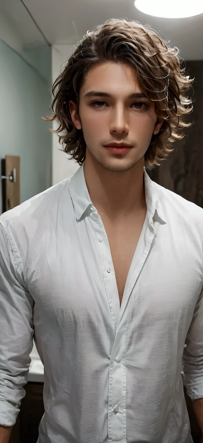 Handsome man with wavy hair, doing mirror selfie