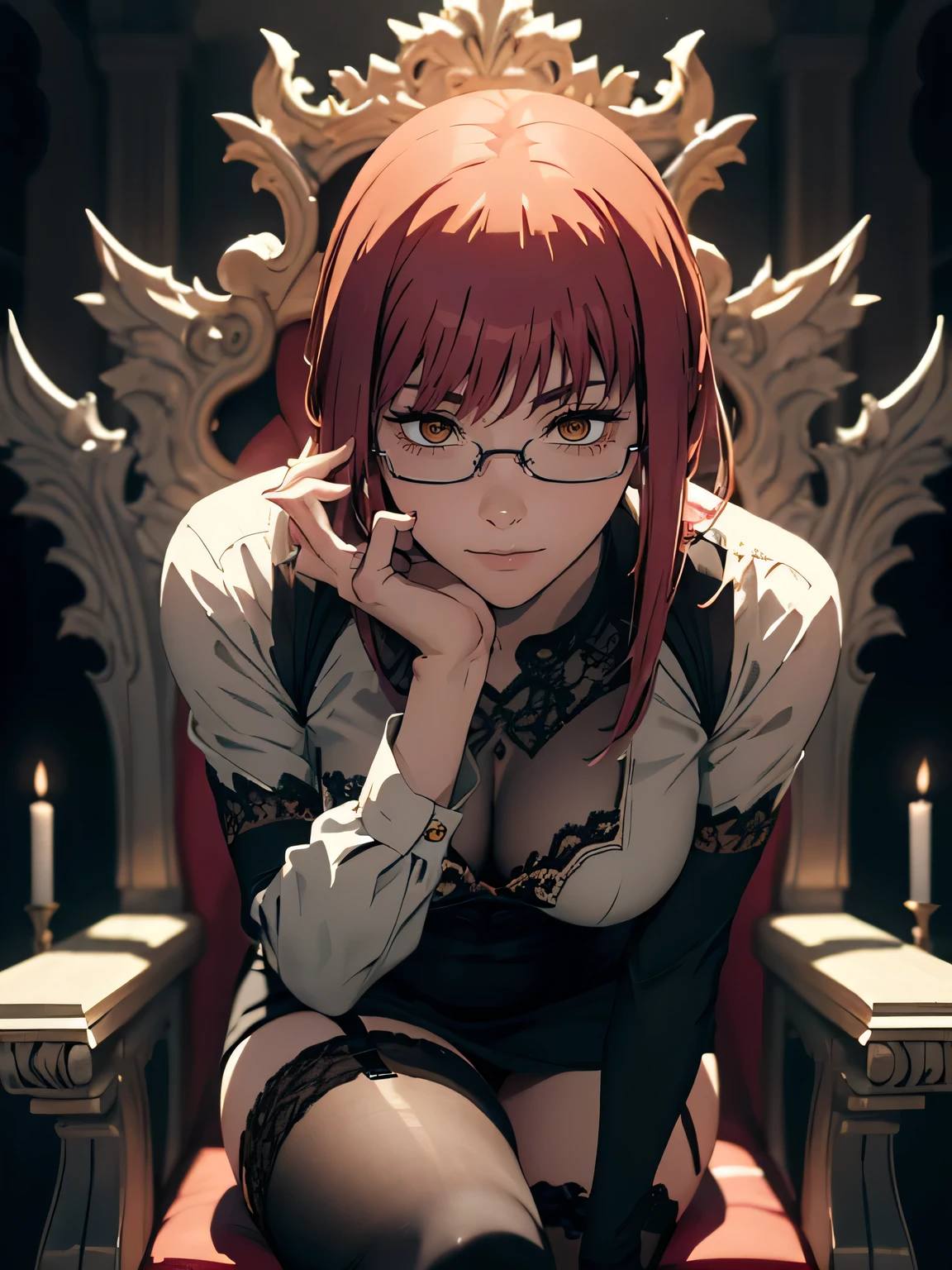 (masterpiece, best quality:1.0), highly detailed, full body view, looking down at viewer, intricate detail, 1woman , sexy woman, makima (chainsaw man), sunglasses, eyewear on head, crossed legs, thighhighs, garter straps, fishnet thighhighs, dress, fishnets, hair down, breasts, black dress, framed breasts, long sleeves, sitting, head rest, crossed legs, throne, gorgeous, gorgeous chair. low-angle effect, leaning forward, looking down at viewer, under the woman's haughty gaze, this staging accentuates the effect of worship, very detailed, detailed body, detailed face, detailed hands, detailed feet, anime art, extremely detailed CG unity 8k wallpaper, detailed light, cinematic lighting, chromatic aberration, glittering, epic composition, dark in the background, character cesing, very detailed, vibrants, sharp-focus, a detailed eye, super fine illustration, better shadow, finely detail, Beautiful detailed glow, beautiful detailed, extremely detailed, epic composition, presented at artstation, Octane Render, artstation hd, Cinematic, 4 thousand., hypermaximalist, (((sitting on a throne inside a castle)))