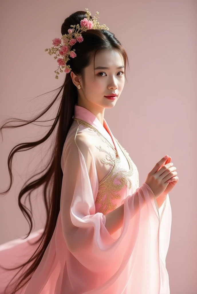 Photo of a woman in a pink and gold costume, transparent, thin fabric, hanfu, chinese_clothes, liu yifei, Phoenix crown, hair stick, flower hair, (delicate, gentle pose), pose for photo, holding looking at viewer, light smile, no background, professional photographer studio lighting, cosplayer, ((full body shot)), the wind makes the hair fly, the brown hair is long and fluttering, ((photo-realistic skin with visible pores and blemishes)), masterpiece, best quality, 8k