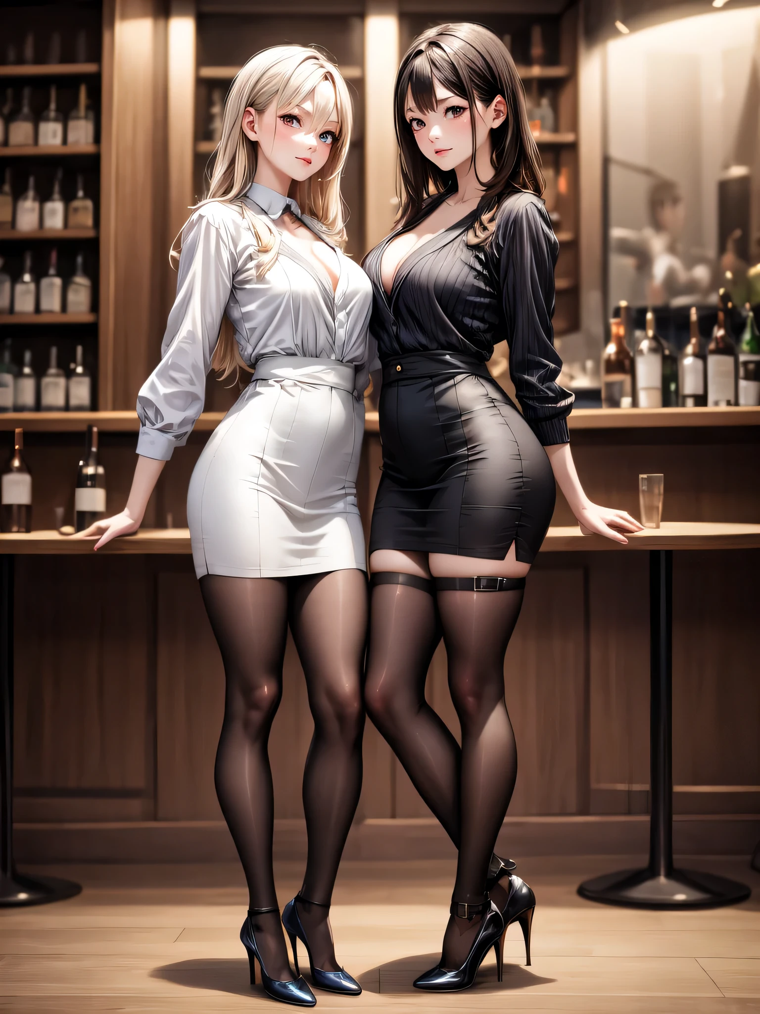 (masterpiece, best quality, highest quality, Masterpiece, 8k:1.5),((Full Body Shot,Including face)), 1girl, ((Focus on the face,Symmetrical facial features)), Beautiful woman, (Slender),((High heels,Patterned stockings with straps)), Detailed depiction of the face, Cafe clerk , bar counter, profile, Long skirt, Slenderな女性, medium long, Vertical Roll,