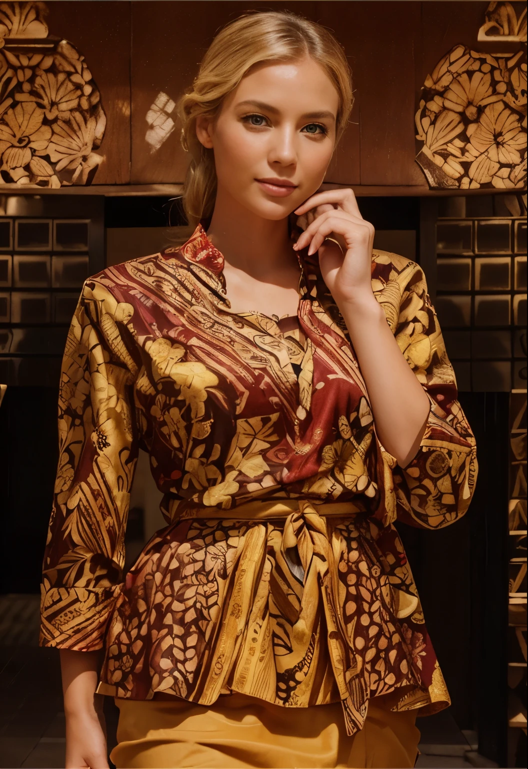 A beautiful blonde with wavy hair she is wearing a luxury business dress code (office skirt red batik patern shirt) with luxury jewelry accessories, she is walking to the her job facing the viewer. On the street are other people and cars, it is morning street  She has a slim body with shapely legs.  The image is perfectly lit and highly detailed including realistic hands and hair. The style is photographic. Nikon D850 fuji TX photorealistic ,real hands