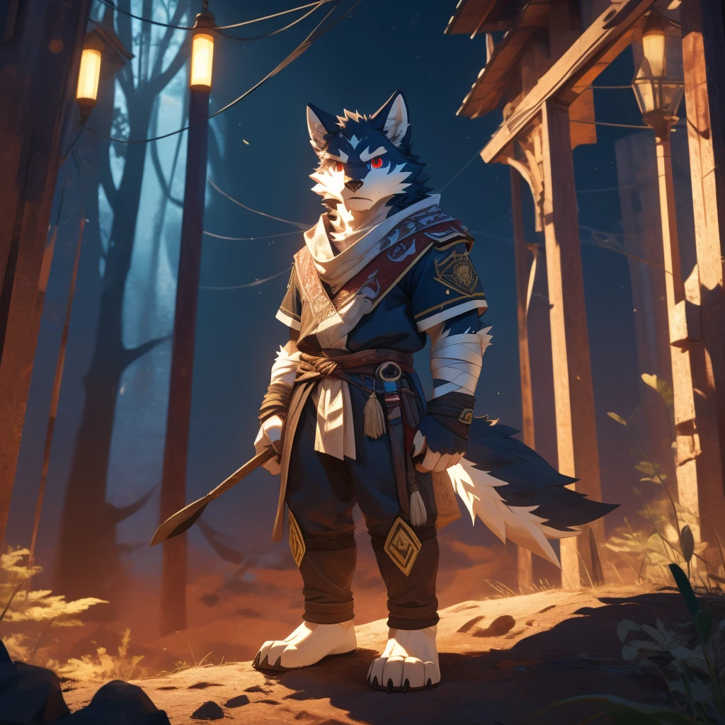 New Jersey 5 Furry,Beast field,Full body portrait,anthropology,Empty,male,Black fur,juvenile,Strong,adventurer,black Wolf,Bandage leggings,White plush feet,Red Eyes,Delicate eyes,Exquisite eyes,Extremely high detail,8K HD characters,Serious