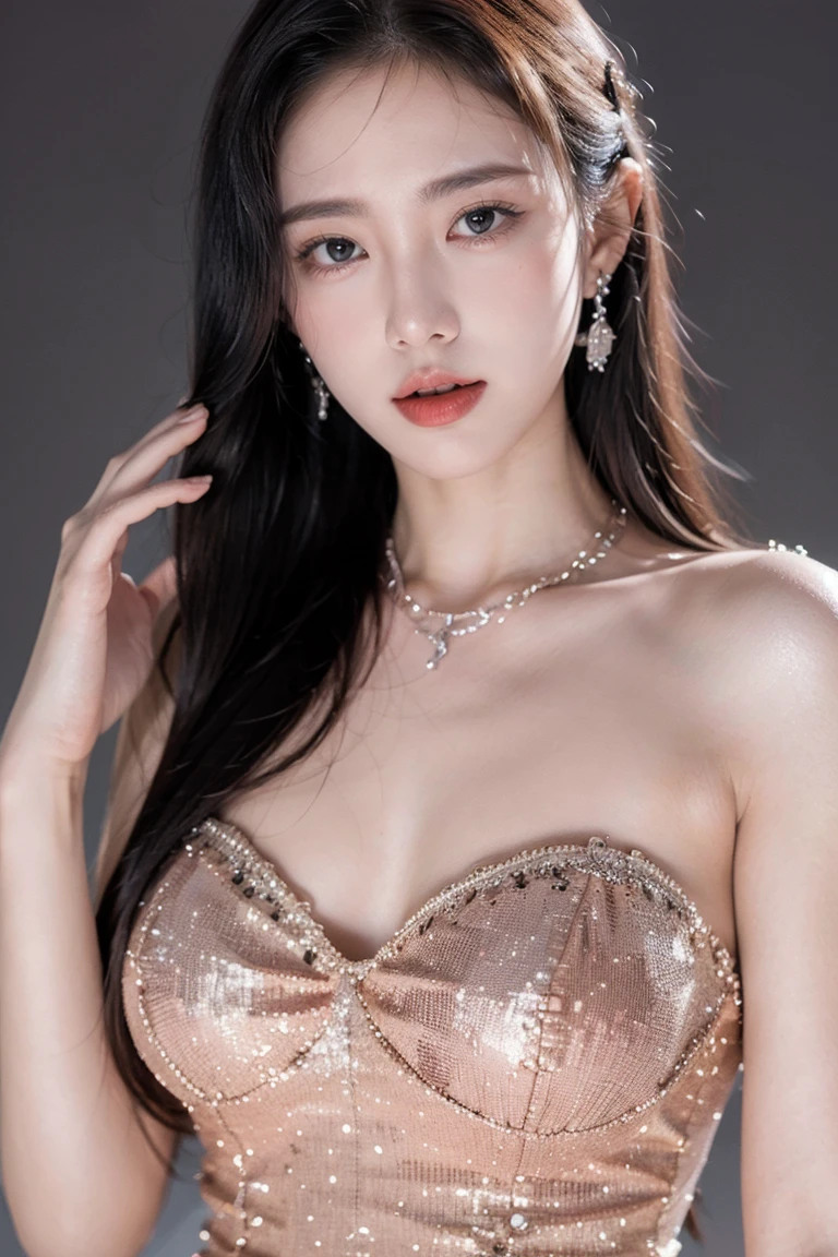 Top CG, Highest image quality, masterpiece, Gentle and beautiful girl, (fit), Imperial sister, Queen temperament, White skin, perfect facial features, Bright Eyes, Seductive pose, Red lips, Beautiful and cold (A major breakthrough)), Beautiful and heroic, Soft and long hair, Glittering, Lace, net, Visible through clear skin, wear glasses, diamond earrings, Full body, ruby neckLace, Clear Background, (Purple evening dress), 8K Image Quality, (Realistic Portraits), Characters fill the screen, (Facial lighting), ((eternal)