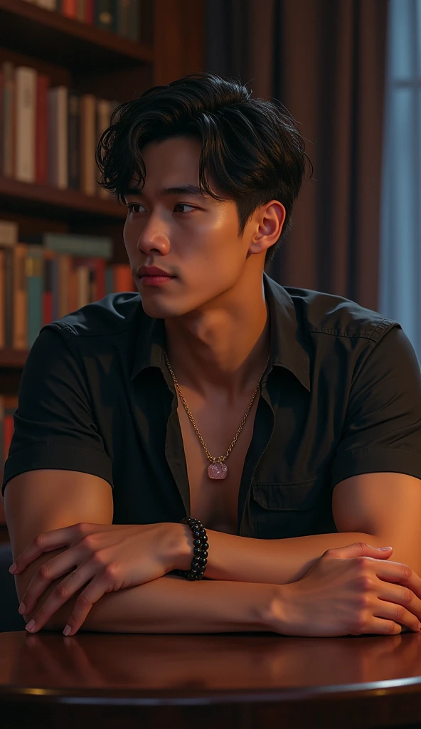 nsfw, best quality, masterpiece, extremely detailed, masculine, sexy, homoerotic, extremely handsome like a supermodel, 25 year old borneo man, square face with chubby cheeks, muscular bodybuilder, cheeky smile, fitted clothes, rose quartz crystal pendant, bead bracelet, bends forward and elbows on a table, in library, side view, afterhours, at midnight, cinematic shadows, dreamy atmosphere, perfect face, perfect fingers, perfect hands, perfection
