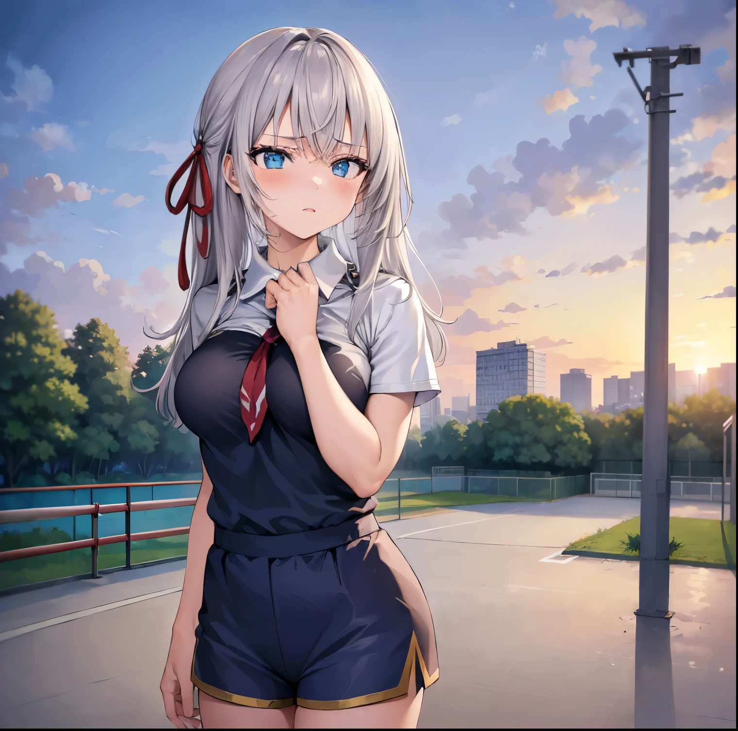 ((1girl)),((alone)),Alisa Mikhailovna,(masterpiece), (best quality), (ultra detailed), (best illustration), (best shadow), (absurdities), sharp focus, cowboy shot ,atmospheric perspective, depth of field, dynamic posture looking at the viewer, large breasts, narrow waist, wide hips, wide thighs, round butt, erotic, romantic, (very detailed eyes, lips 1.1), very detailed eyes, eyes, very face detailed, very beautiful face, full height, beautiful slim figure, femininity, expressive appearance, elastic big breasts, sexuality, hair, white hair, gray hair, long hair, bangs, hair between the eyes, blue eyes, hair band, red ribbon,((gymnastics uniform:1.4)),((white shirt:1.4)), short sleeve, bare arms,((gymnastics shirt)), ((blue shorts:1.4)), bare legs, ( (red sneakers)), curves, defined body, Perfect and beautiful body, perfect and beautiful, closed mouth, serious expression, blushing, (sexy pose: 1.2), ((solo)), standing: 1.3,(( outdoor: 1.5, cityscape: 1.5, running track: 1.5, Japanese school: 1.5, trees: 1.3, sunset: 1.4, clear sky: 1.4)), looking forward, ((focus on thighs)), point of view: (from below), perfect anatomy, perfect hands