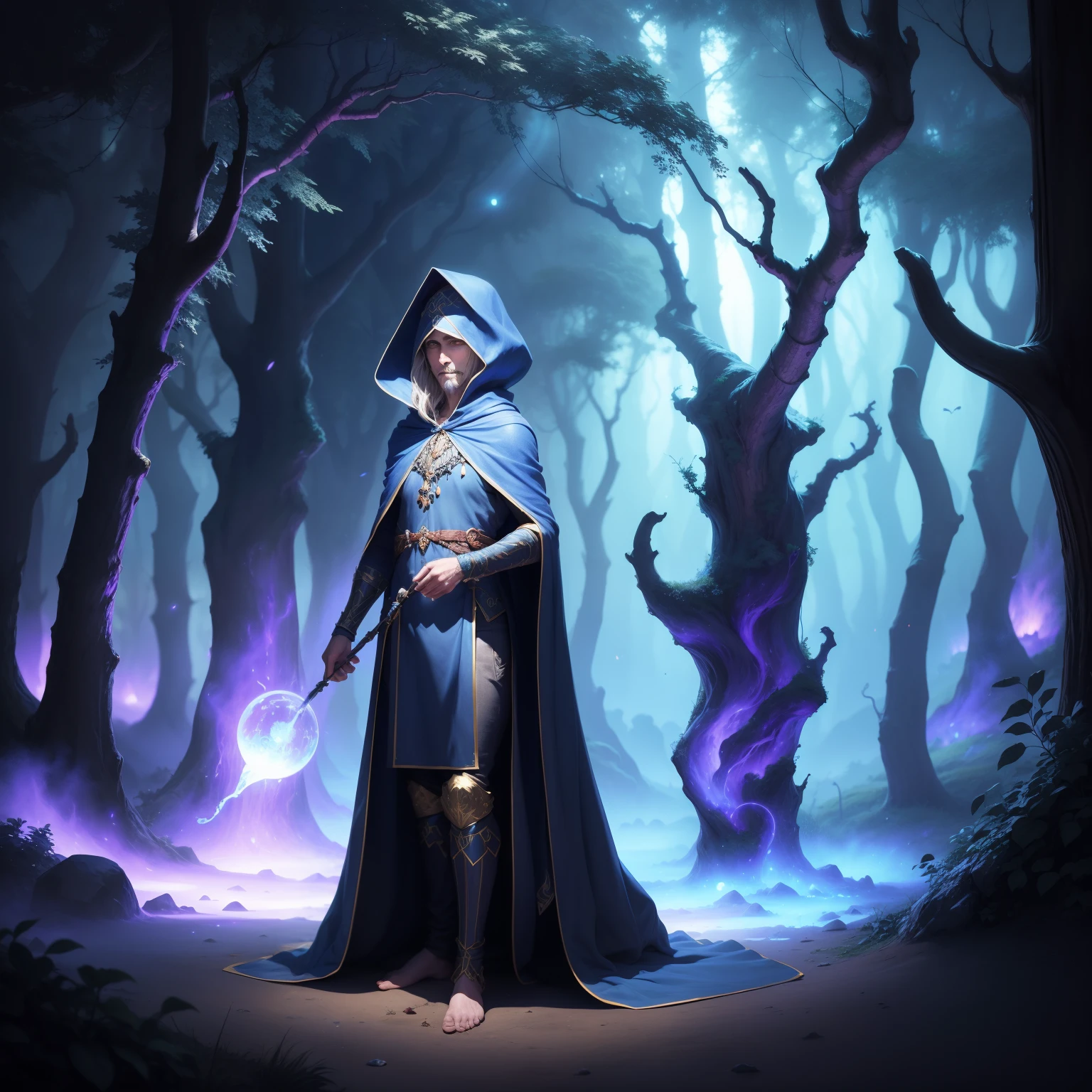 Mysterious wizard, Dressed in a shimmering indigo robe, Standing at the entrance of a hidden magical forest, Bathed in the misty moonlight. Ancient trees surrounded by mist, Exudes an otherworldly glow, Fireflies flying in the sky. With dreamy colors and soft focus,