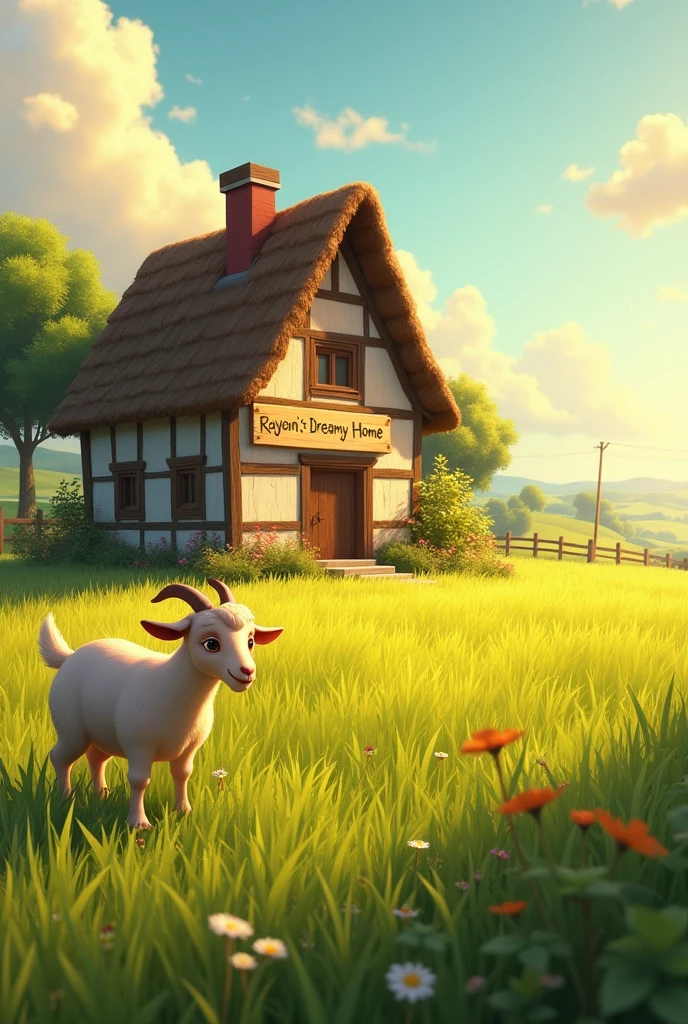 A house, a goat, long grass, house name Raiyan's Dreamy Home