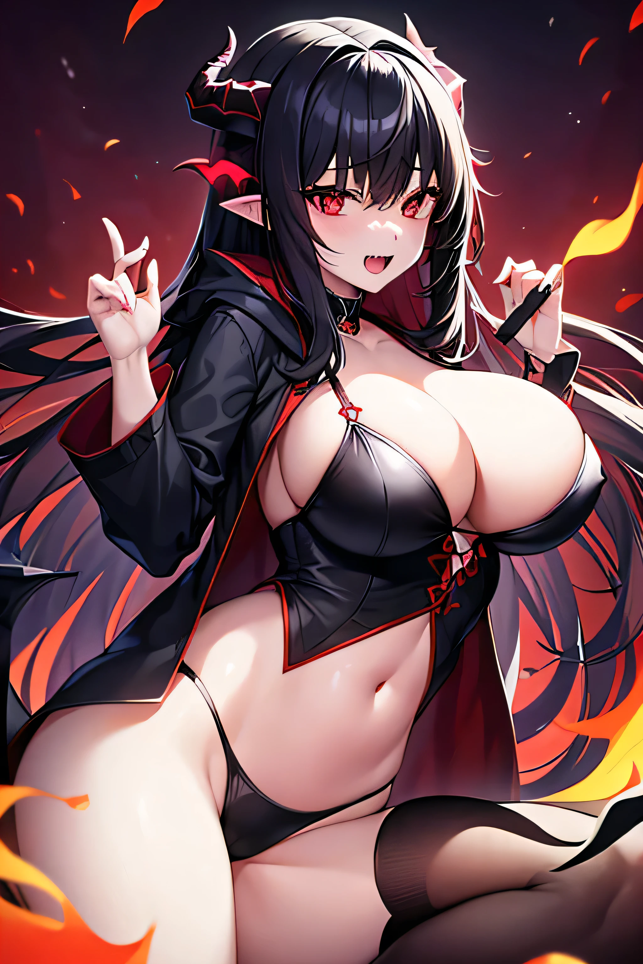 A girl, Red eyes, pale vampire skin, ???????????, dragon horns, Fangs, dragon tail, hoodie negra, by the wide, black hair, 4k, HD