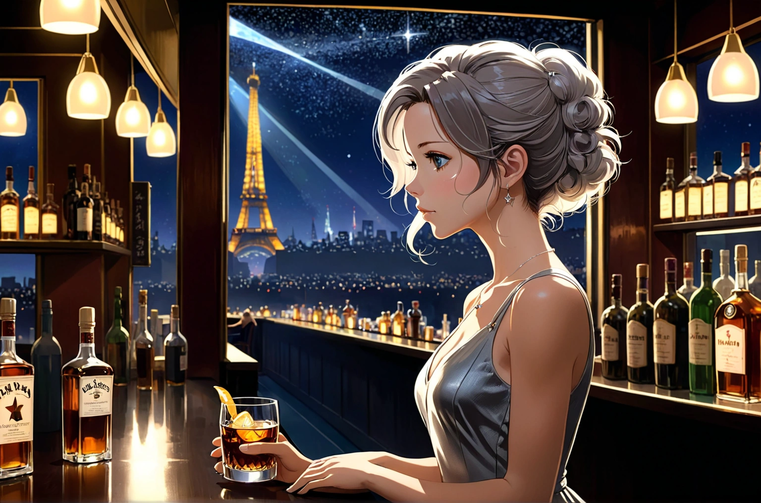 Uses Makoto Shinkai&#39;s depiction perfectly,Portrait of Alica Schmidt,8k 4k masterpiece photo ,Paris,A jazz bar with a glass ceiling,The twinkling stars can be seen through the glass windows.,It&#39;s a dark night outside,Jazz is playing,Beautiful in profile,Semi-long hair,Silver Hair,Look here,Standing alone at the counter,There is a wine glass in front of me.１There are、Tight fitting blue tank top dress,The bust is large,Different store