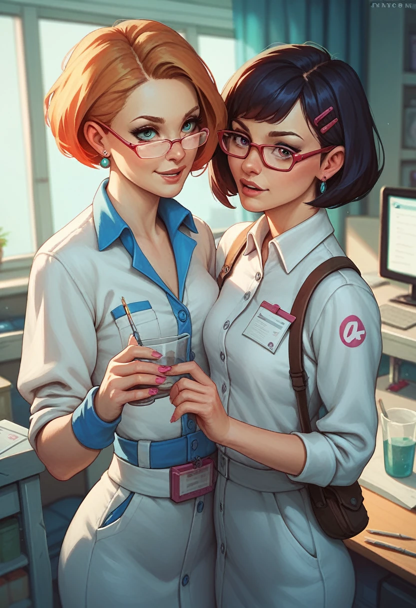 1boy, 2girls, white gloves, ((blue doctor outfit)), (surgeon outfit), ((long sleeves)), elbow gloves, erection, gloved handjob, gloves, handjob, hetero, indoors, latex, latex gloves, looking at viewer, doctor, penis, pov, uncensored