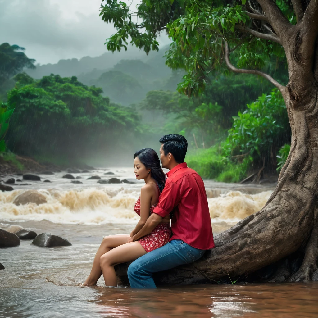 thai farmers couple chilling by a tree, near a stream The woman is wearing a red crop shirt. 3D photo, The color palette is soft. during a thunderstorm, wet, capturing a serene and ethereal mood.The background features a tidal wave coming, ships surf the wave, light and shadow. maximum resolution, ultra realistic. She is in doggy position while he is in the back of her holding her waist so he can do a magic trick.