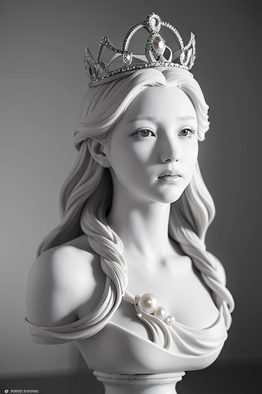 A classical marble bust of a woman with intricate hair and a pearl crown, set against a black and white checkered background. [realistic, sculpture, inspired by the works of  Bernini and  Michelangelo], [dramatic lighting, a monochrome color palette with shades of white and black, a smooth, polished texture, a shallow depth of field, and a sense of timeless elegance.]