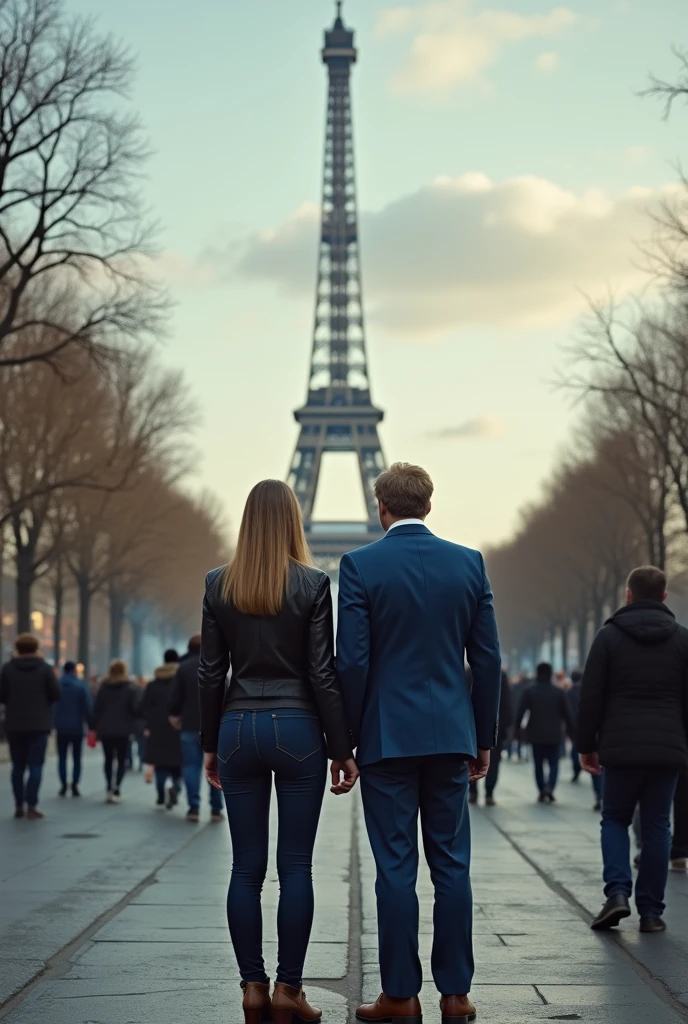 Front view, Full-body, couple is standing pose , on street , in Paris, looking Eiffel Tower, everyone nothing people, 2021 years ,(1 male and 1 female is exist), (1 male Englishman, 1 boy is 50 age old), ( blond hair, long hair, handsome face mask, panic ), English gentleman ( blue suit style, suit , vest, pants, (brown shoes)), 1man and 1 woman is couple, looking back, demo , many people striking, black smog, riot UHD, masterpiece, retina, anatomically correct, accurate, textured skin, super detail, high quality, high details,