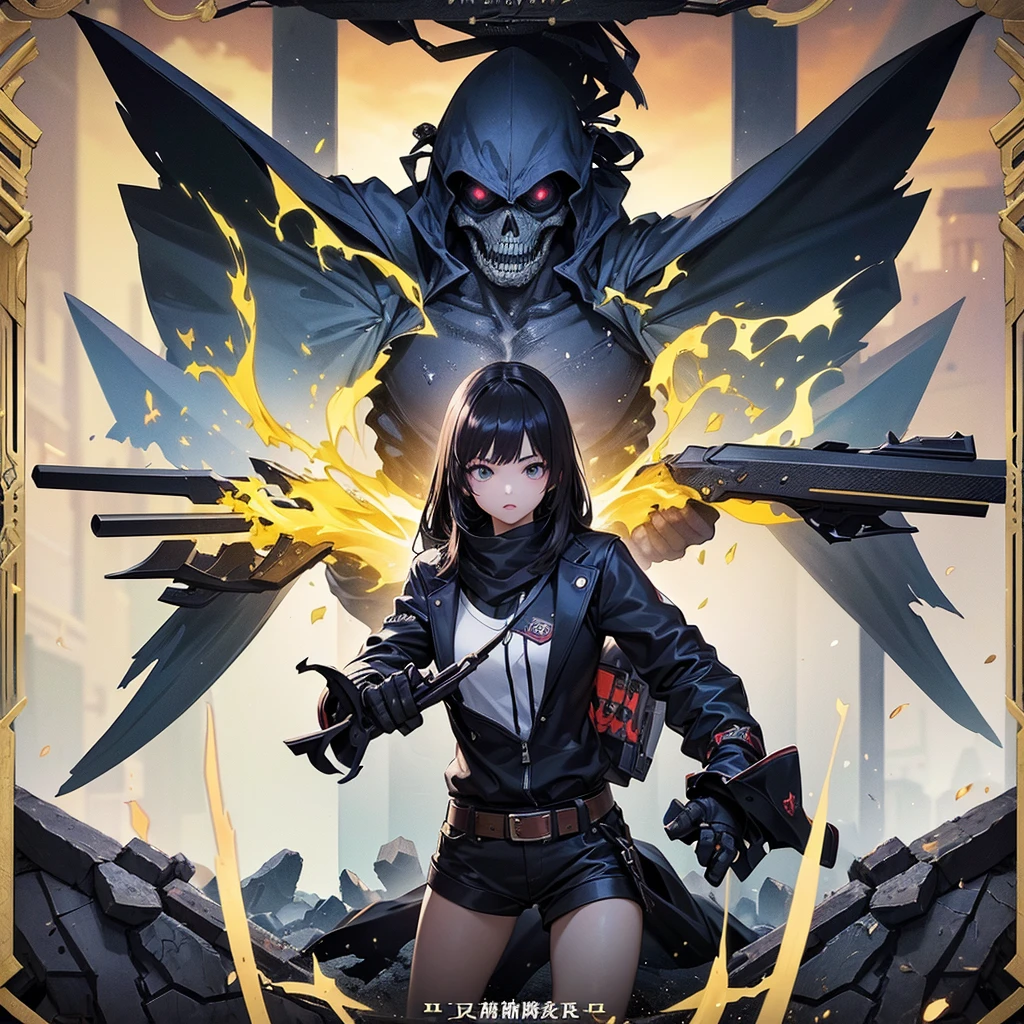 One Girl、(((Highest quality、masterpiece、Official Art、Best dynamic composition、超detailed)))、Anime Style、Perfect Anatomy、The coolest pose、Cute Grim Reaper、Death's scythe is red and black、detailedな彫刻、Cloak with black hood、Super huge、detailed、While swinging the scythe down with both hands、Red spider lilies background、