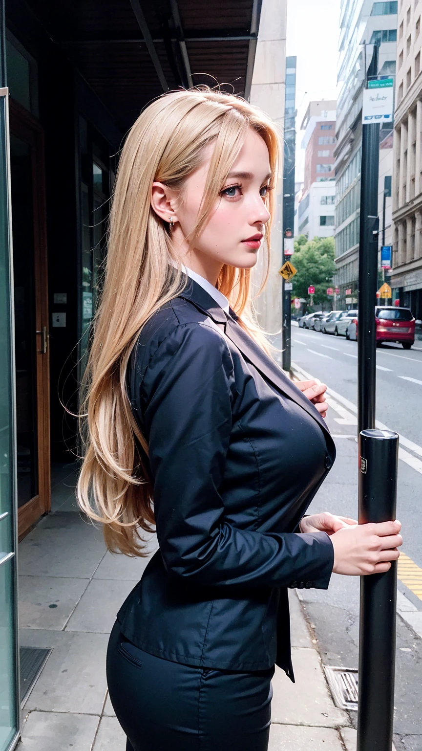 (master piece), original, RAW photo, ((extremly detailed)), ((high quality, best quality)), charm, agirl, solo, business women, elegant, beautiful, profecional lighting, the best lighting, Mature woman, perfect body, sexy body, looks at the viewer, feminine, shiny skin, oiled skin, ((brown lip, lip glosy)), big breast, huge breast, large breast, seductive, little smile, ((sexy smile)), ((blue eyes)), (((blonde hair, long straigh hair with bang))), (((long sleeves business suit dress women with formal long pants, black business suit dress, black long pants, not white formal shirt long sleeves))), high heels, afternoon, outdoor, ((in the city park field)), full architecture, realistic architecture, realistic background, detail background, rendering high realistic, ultra detail, 8K, high realistic, high resolution, the best resolution, detail hands, detail face, detail anatomy, high detail, high realistic, detail arms, high detail fingers, detail legs, the best proportions, (detail intricated), the best pictures, hdr, dslr, fix , fit, full color, detail pose, perfect pose, the best proportion pose, soft light, natural light, detailed light, Professional, Amazing, ((realistic, photorealistic)), slender, thighhighs, enhance, vivid color, standing, full body, (((from side))), (((portrait)))