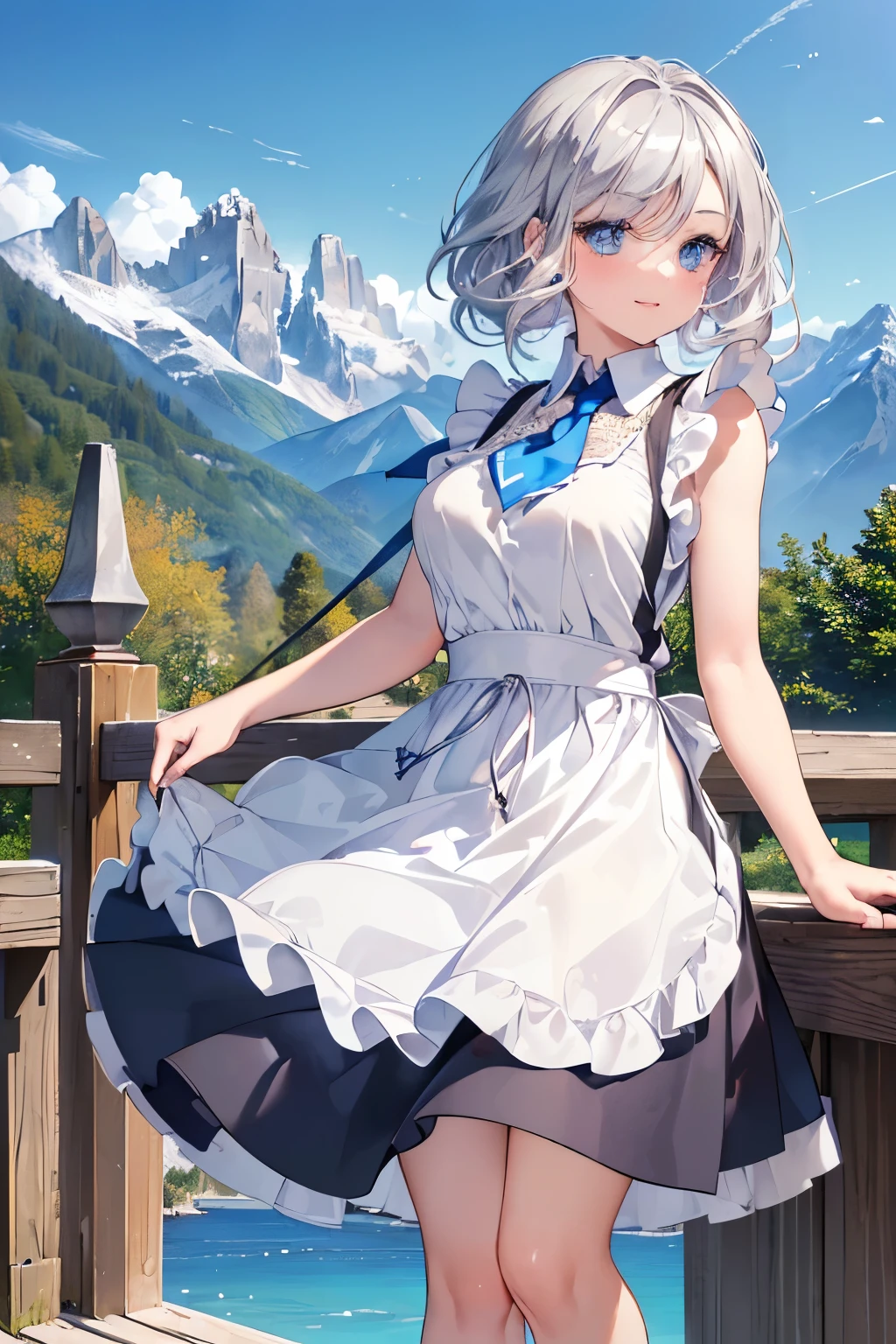 (Highest quality,4K,8k,High resolution,masterpiece:1.2),Very detailed,(Actual, Realistic),
break,
((Beautiful clear blue eyes:1.2)),Very kind eyes,With eyes wide open,Beautiful eyelashes,Beautiful lower eyelashes,
break,
((Beautiful and shiny silver hair:1.3)),Dazzling smile, Overflowing with smiles, Laughing with your mouth open,
break,
((Bodice with short drawstring closure at front。, Sleeveless ties to accentuate the bust, deep neckline blouse, Skirt that covers the ankles, Brightly colored aprons:1.3)),
break,
Very happy,((Bust Shot)),Zoom in,((Alps in the background:1.3))